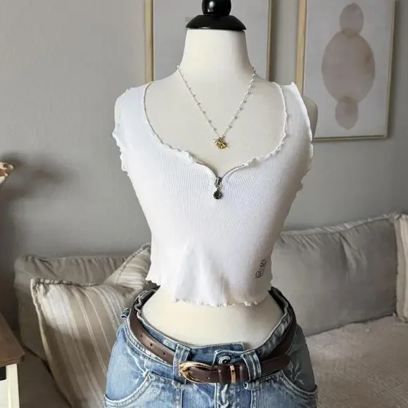 White Ribbed Zip Crop Tank (Onyx) - Picture 2 of 4